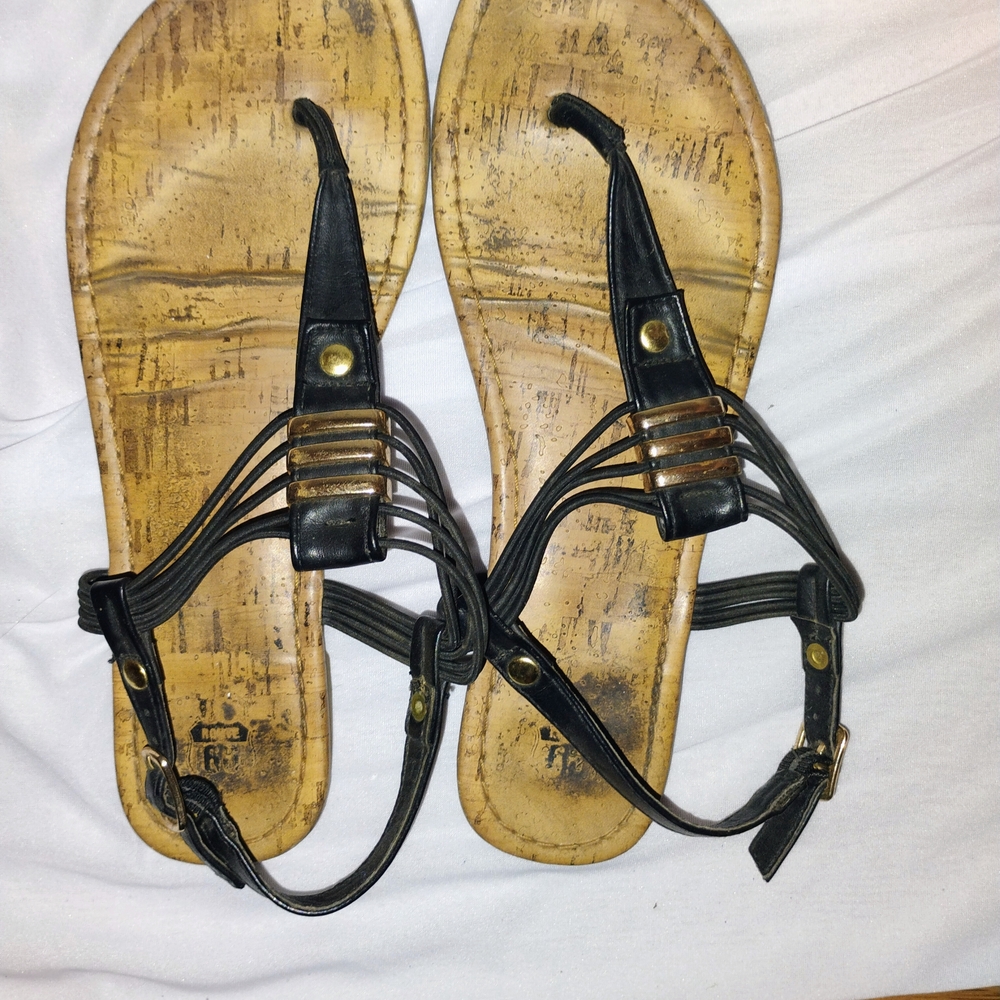 Black and Tan Strappy Sandals With Gold Embellishments.